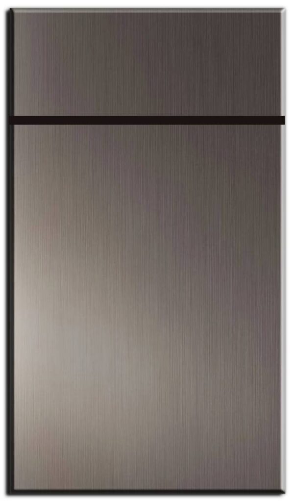 Antique inox matte metallic slab kitchen cabinet door by Entire Cabinetry, custom assembled in Canada