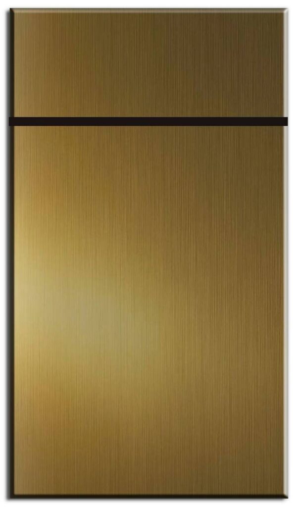 Matte gold metallic slab kitchen cabinet door by Entire Cabinetry, custom assembled in Canada
