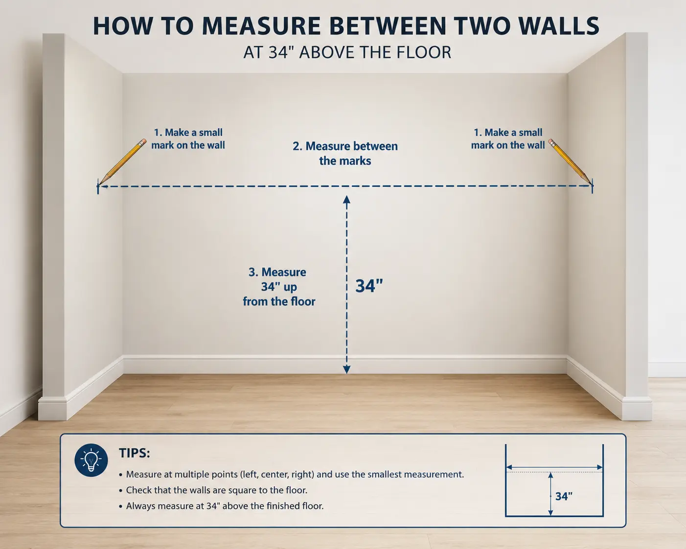 Standard bathroom vanity dimensions guide showing how to measure between two walls at 34 inches above the finished floor before installing a vanity.